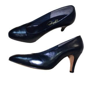 VTG Pappagallo Dark Navy Teal Blue Pumps Size 8.5 Round Toe Classic Slip-On Heel